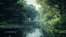 Tranquil River with Lush Greenery and Water Lilies