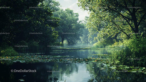 Tranquil River with Lush Greenery and Water Lilies