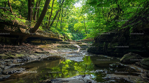Serene Forest Stream Surrounded by Lush Greenery