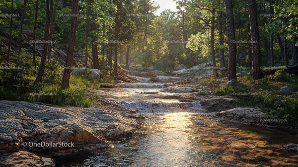 Serene Forest Creek with Dappled Sunlight and Green Foliage