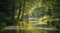 Serene Woodland Stream Reflecting Lush Green Canopy