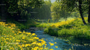 Serene Stream Flowing Through Meadow with Yellow Daisies