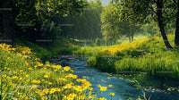 Serene Stream Flowing Through Meadow with Yellow Daisies