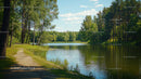 Tranquil Forest Lake with Path and Lush Greenery