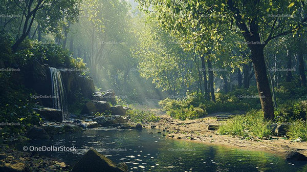 Serene Forest Stream with Waterfall and Sunlit Foliage