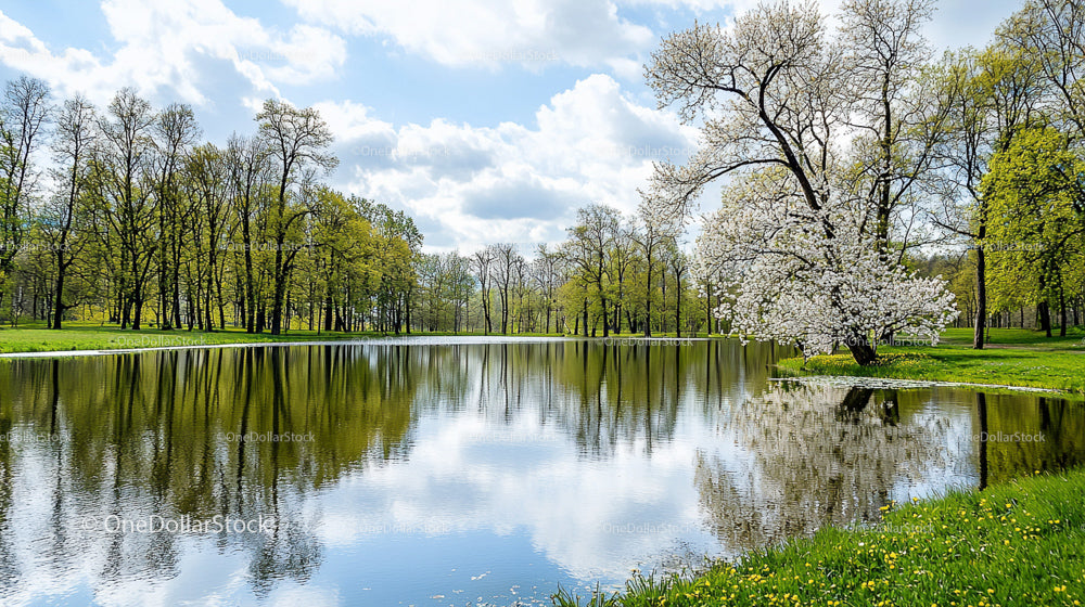 Serene Spring Lake with Blossoming Tree and Reflective Water