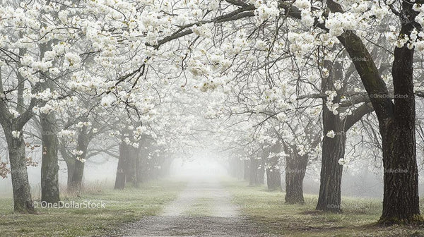 Misty Pathway Surrounded by Blossoming Cherry Trees