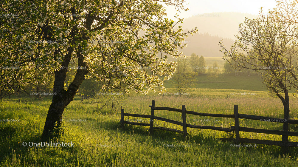 Blooming Orchard and Wooden Fence in Serene Countryside