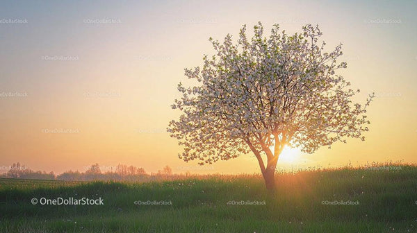 Blossoming Tree at Sunrise in Serene Spring Landscape
