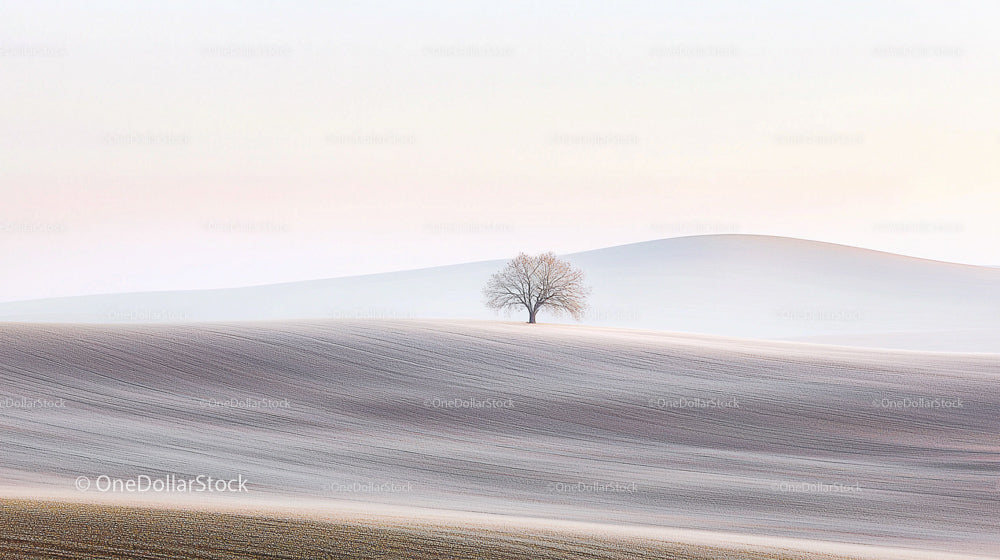 Solitary Tree on Rolling Winter Hills at Dawn