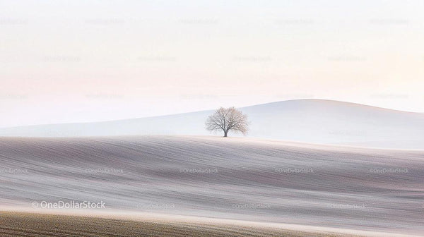 Solitary Tree on Rolling Winter Hills at Dawn
