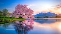 Cherry Blossom Tree Reflecting in Calm Lake at Twilight