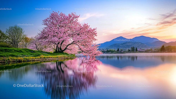 Cherry Blossom Tree Reflecting in Calm Lake at Twilight