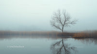Solitary Tree Reflected in Misty Lake at Dawn
