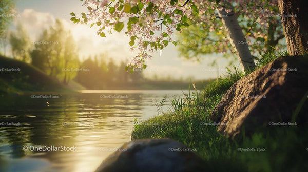 Tranquil Riverbank with Cherry Blossoms and Warm Sunlight