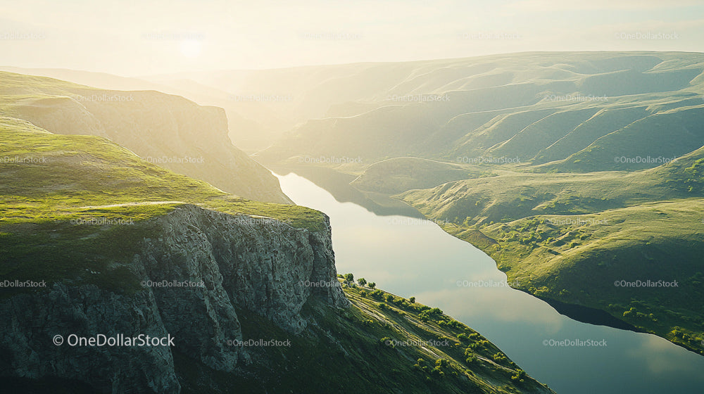 Scenic River Valley with Lush Green Hills and Morning Light