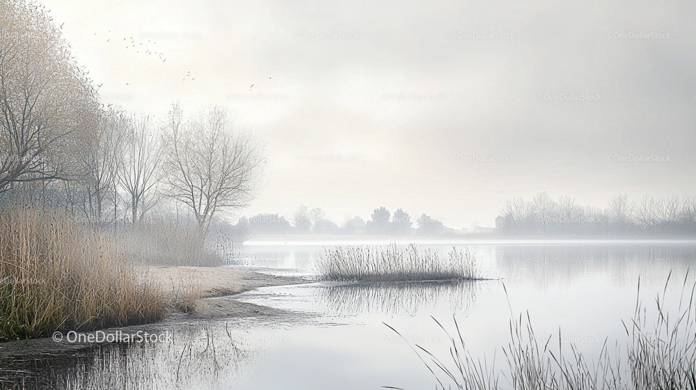 Misty Lake with Leafless Trees on a Foggy Morning