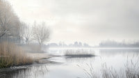 Misty Lake with Leafless Trees on a Foggy Morning