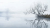 Misty Morning with Bare Tree Reflected in Calm Water