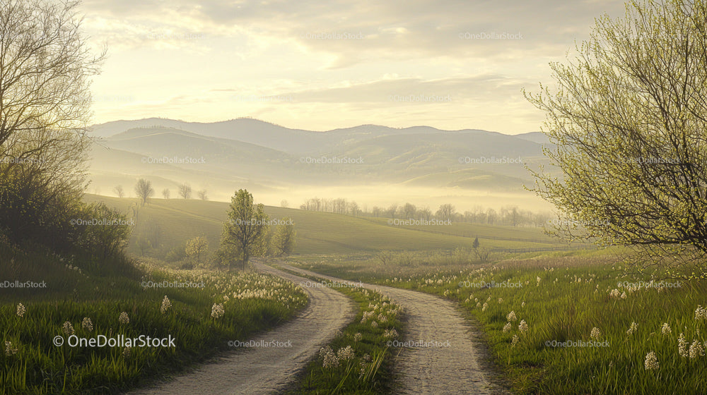Misty Morning Pathway Through Serene Countryside