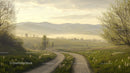 Misty Morning Pathway Through Serene Countryside