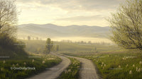 Misty Morning Pathway Through Serene Countryside