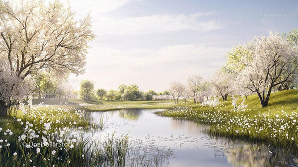 Tranquil Spring Landscape with Blooming Cherry Trees