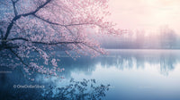 Cherry Blossoms Over Misty Lake at Dawn