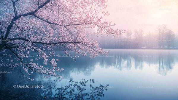 Cherry Blossoms Over Misty Lake at Dawn