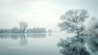 Serene Winter Landscape with Frost-Covered Trees and Calm River