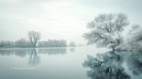 Serene Winter Landscape with Frost-Covered Trees and Calm River