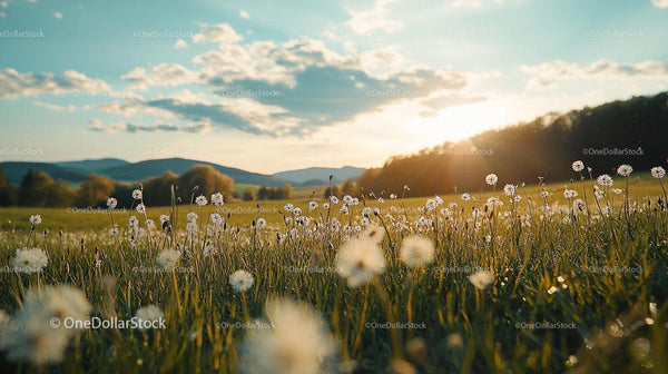 Sunset Over a Dandelion-Filled Meadow