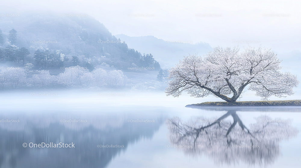 Serene Misty Lake with Cherry Blossom Reflections
