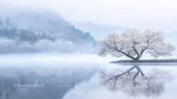Serene Misty Lake with Cherry Blossom Reflections