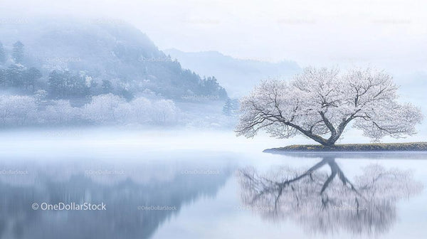 Serene Misty Lake with Cherry Blossom Reflections