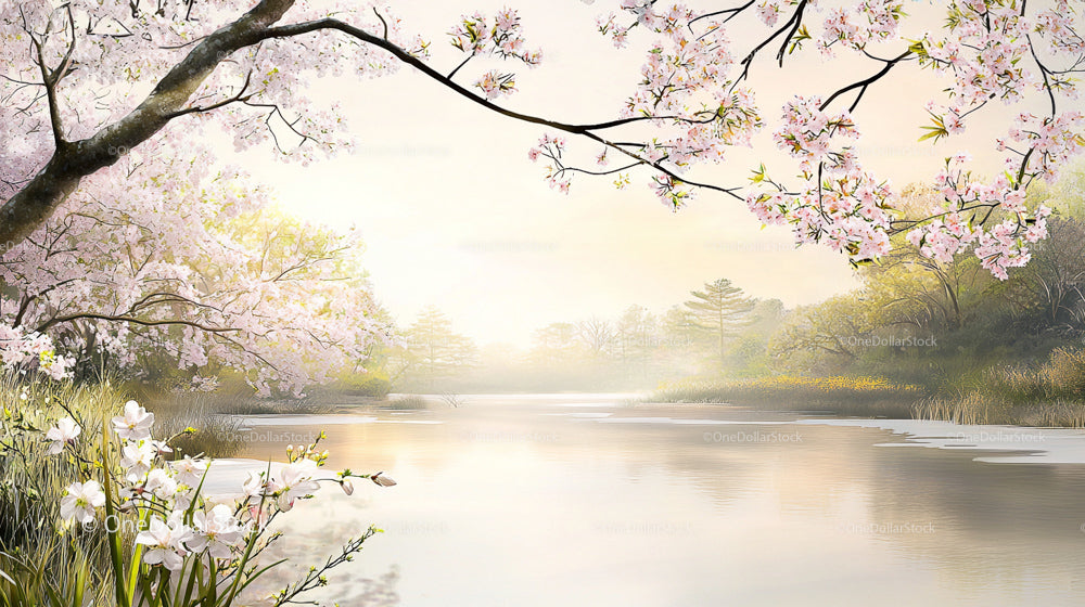 Cherry Blossoms Over Serene Lake in Springtime
