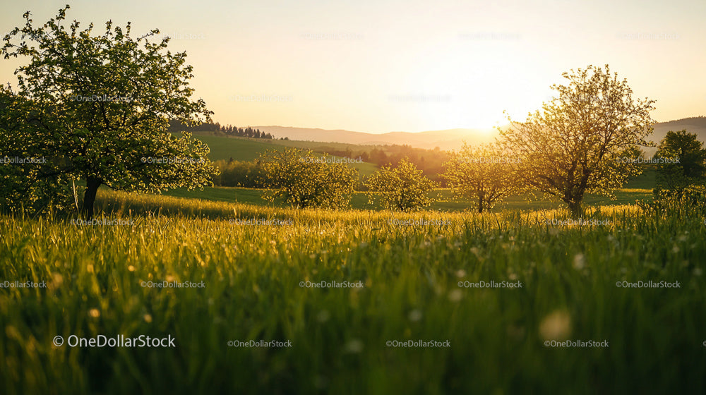 Scenic Orchard at Sunset with Blooming Trees