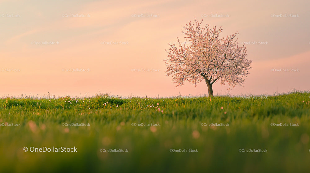 Cherry Blossom Tree in Serene Spring Sunset Landscape