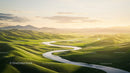 Winding River Through Rolling Green Hills at Sunset