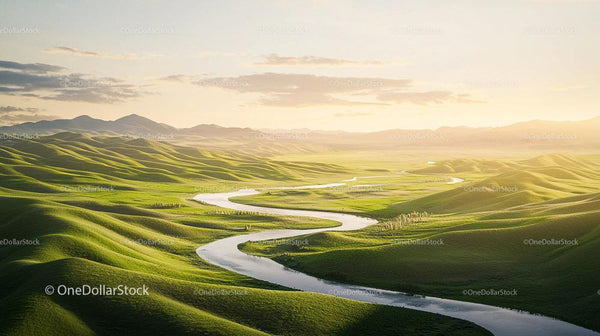 Winding River Through Rolling Green Hills at Sunset