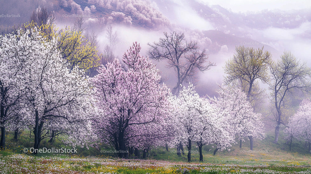Misty Spring Landscape with Blooming Cherry Blossoms