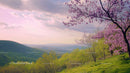 Spring Landscape with Blooming Tree and Mountain View