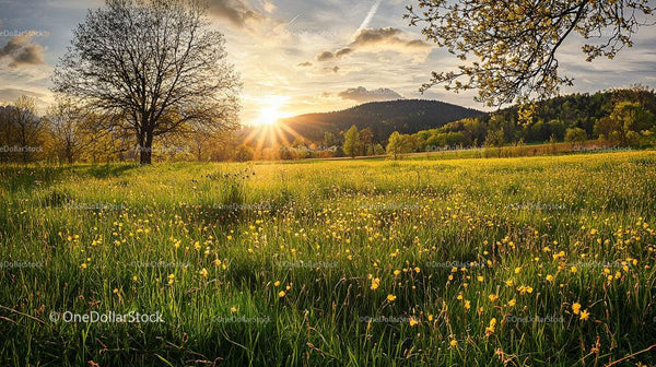 Sunset Over a Green Meadow with Wildflowers and Trees