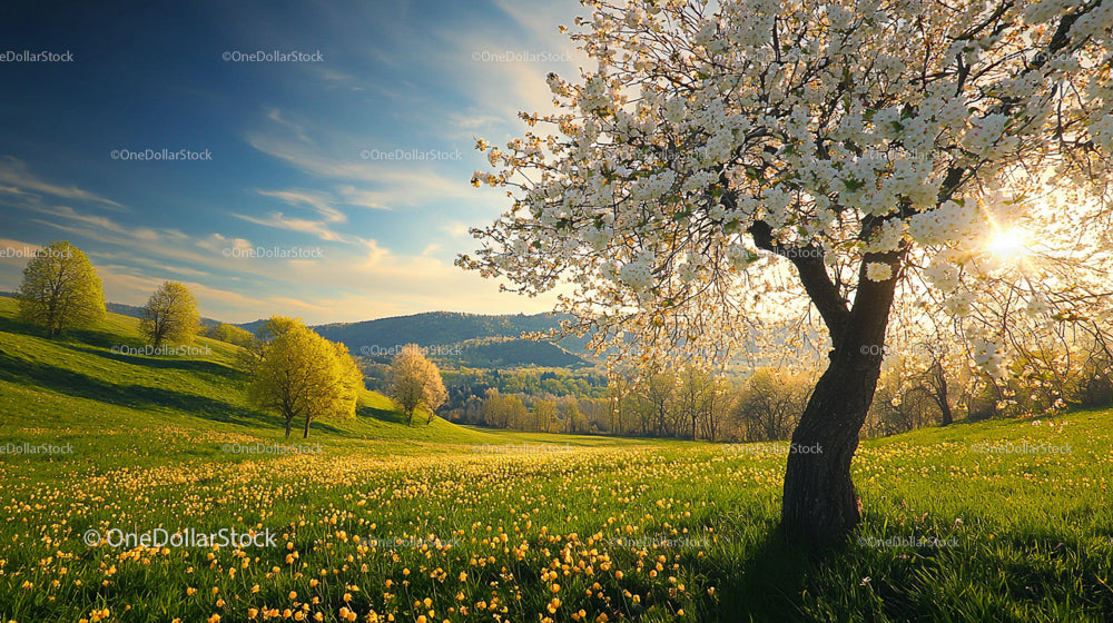 Blooming Cherry Tree in a Sunlit Spring Meadow