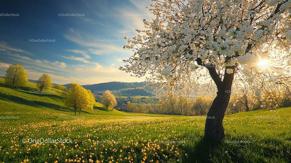 Blooming Cherry Tree in a Sunlit Spring Meadow