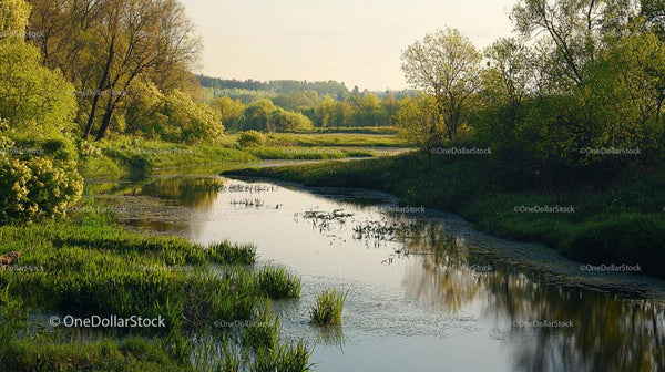 Tranquil River and Lush Greenery in Spring Countryside