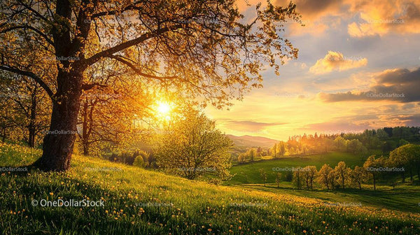 Golden Sunset over a Verdant Spring Landscape