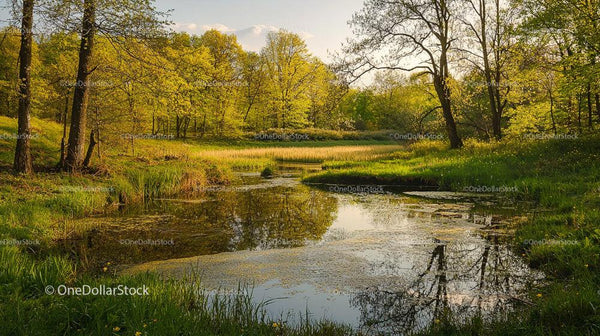 Tranquil Spring Pond Surrounded by Lush Greenery