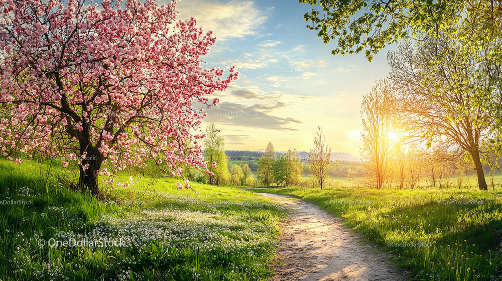 Serene Spring Landscape with Blooming Tree at Sunset