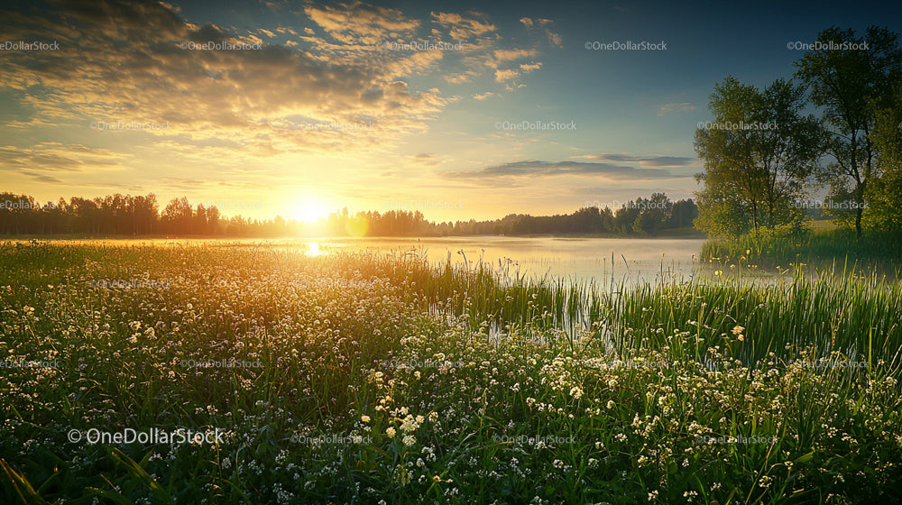Golden Sunrise Over Tranquil Meadow and Lake